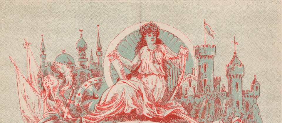 In red and blue ink: woman sits at center, flanked by European castles and Arabic minarets. From https://cdm16818.contentdm.oclc.org/digital/collection/CPB01/id/2899/rec/87.